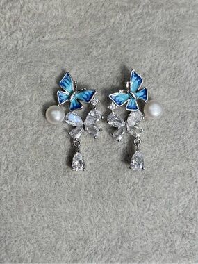 Blue Enamel Butterfly Freshwater Pearl Drop Earrings for Women-925 silver posts